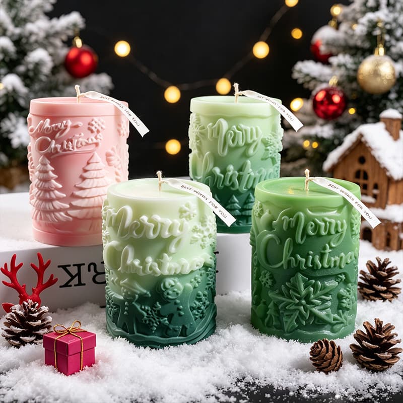 Christmas Embossed Cylinder Candle Silicone Mold Christmas Letters Christmas Tree Snowflake Cylinder Candle Ornament Mold