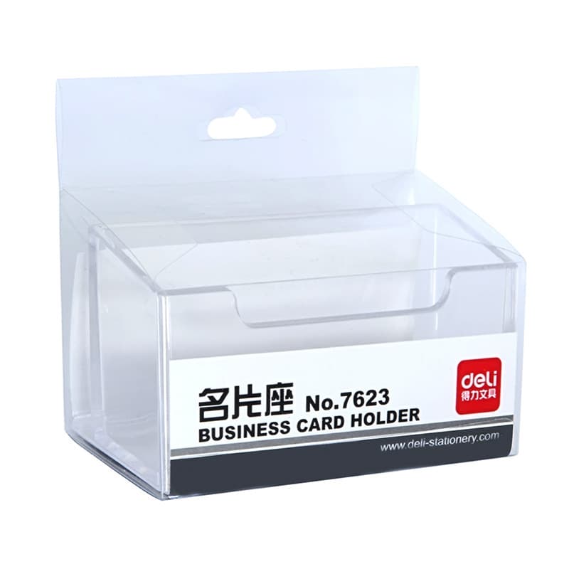 Deli Business Card Holder 7623, Large Capacity Plastic Transparent Card Stand, Document Storage Box for Corporate Desktops