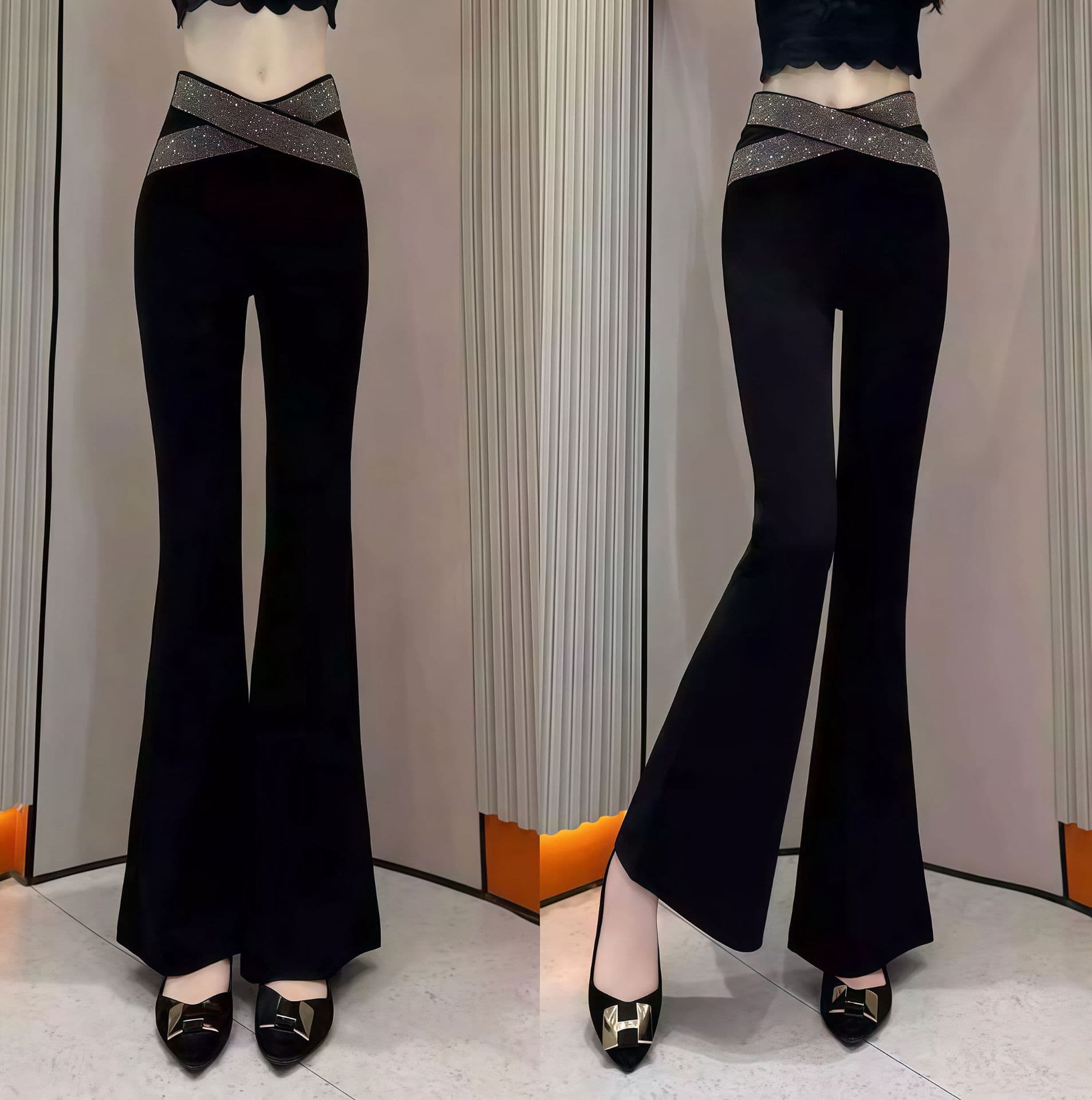 Heavy industry high waist imitation diamond micro-flare pants for women autumn and winter plus velvet thickening slim slim casual pants women's pants