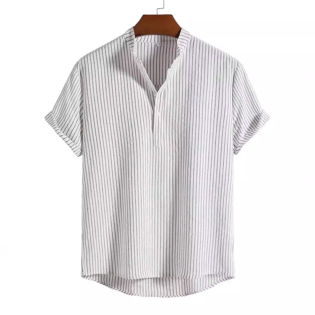 Men's Summer Long Sleeve Shirt Cotton Linen Short Sleeve Stand Collar Striped Thin Loose Fit Casual Fashion Urban Shirt