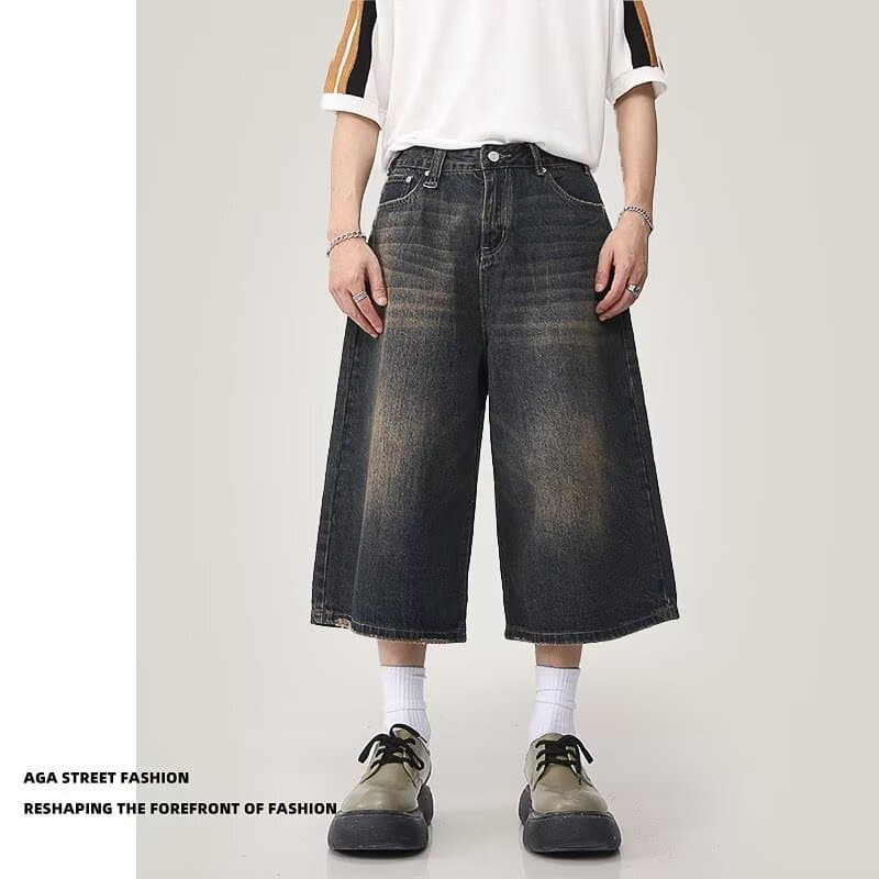 Summer Denim Capri Pants for Men, Thin Mid-Length Casual Cargo Shorts, Loose Retro Straight-Leg Washed Jeans