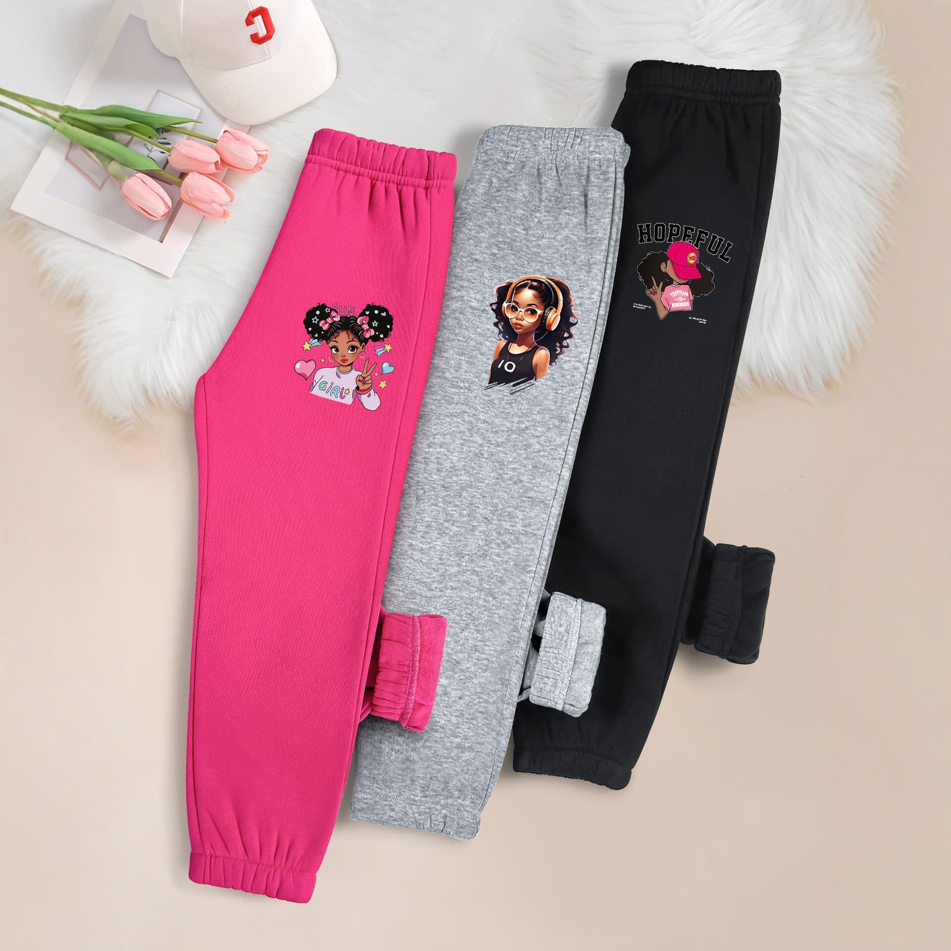 Girls' Fleece-Lined Thick Sweatpants for Fall and Winter, Warm Outerwear Trousers in Pink, Gray, Black with Cartoon Print