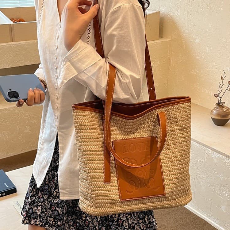 Lazy French Aesthetic Caramel Texture Woven Tote Bag, Girl's Relaxed Vibe Seaside Vacation Shoulder Bag