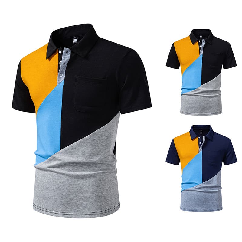 2026 summer new American men's short-sleeved bottoming shirt Amazon new men's color-blocked lapel short-sleeved T-shirt trendy