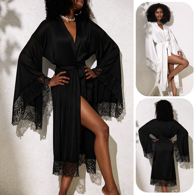 Sexy Lace Trim Satin Robe Long Bell Sleeve Tie Front Ice Silk Open Front Women's Loungewear 1273