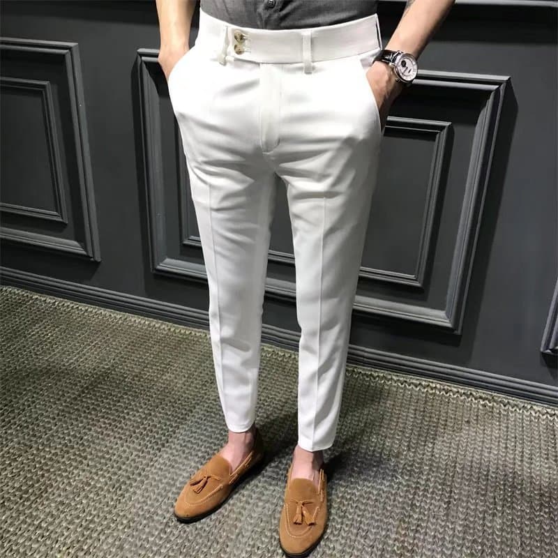 Spring/Autumn Korean Slim Fit Men's Dress Pants, Ankle-Length Casual Trousers, Trendy 9/10 Pants, White Pants