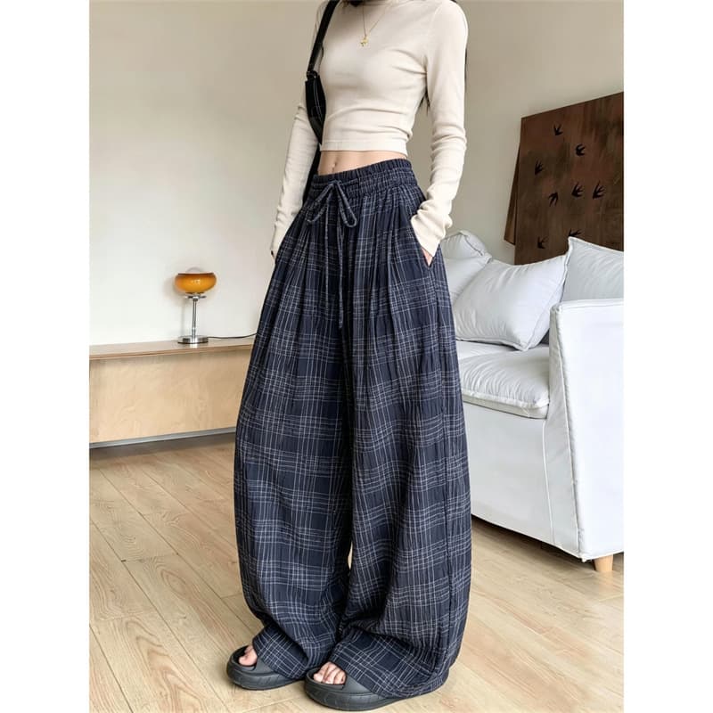 New style pants casual pants for men and women sports plaid striped straight leg lengthening black and gray drawstring plaid trousers trendy