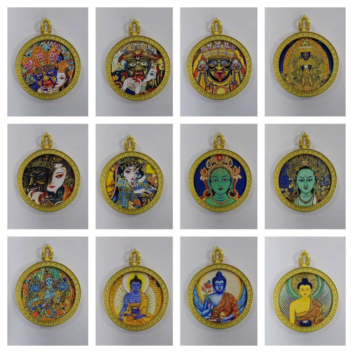 Hand-painted gold-traced circular golden Thangka pendant, Tibetan-style necklace featuring Fox Zhakilamu and Wealth God Zhao Gongming.