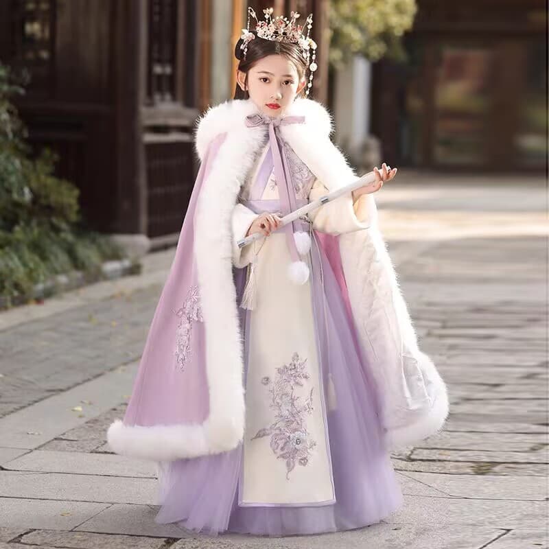 Girls Purple Ming-Style Hanfu Winter Velvet Chinese Costume Performance Dress Thick New Year Outfit