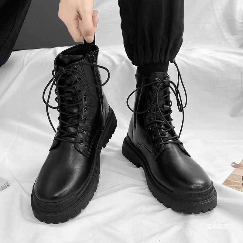 Men's Martin boots, spring style, British high-top motorcycle leather boots, side zipper, black retro work boots, outdoor waterproof.