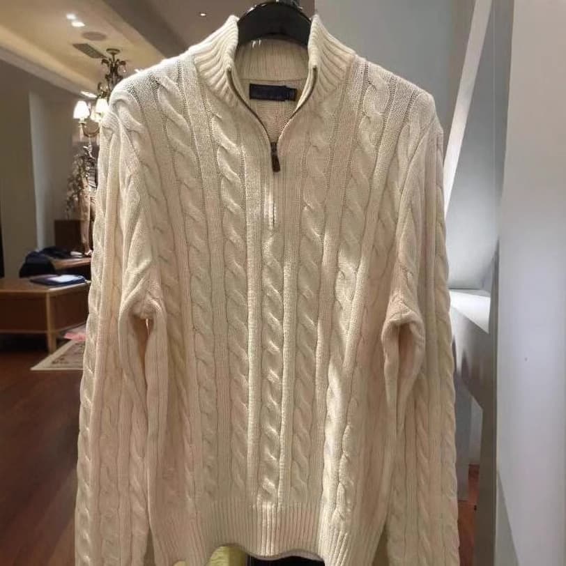 Scannable RL Ralph pony logo embroidered knitwear men's autumn winter stand collar cable knit half-zip sweater women's warm