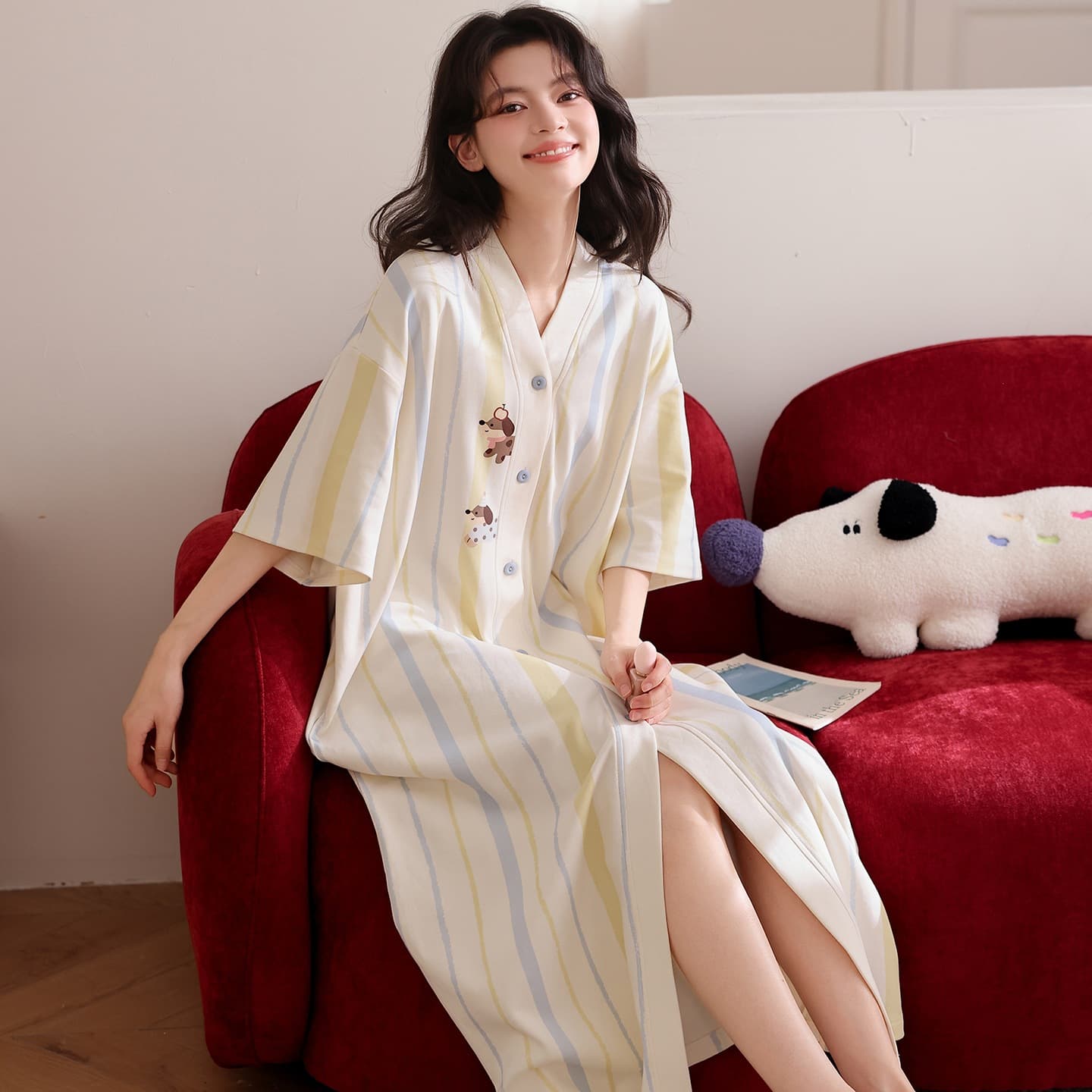 (Price Controlled at 69.9 Yuan) New Summer Style 100% Pure Cotton Girl's Kimono Short-Sleeved Pajama Dress for Women Casual Home Wear