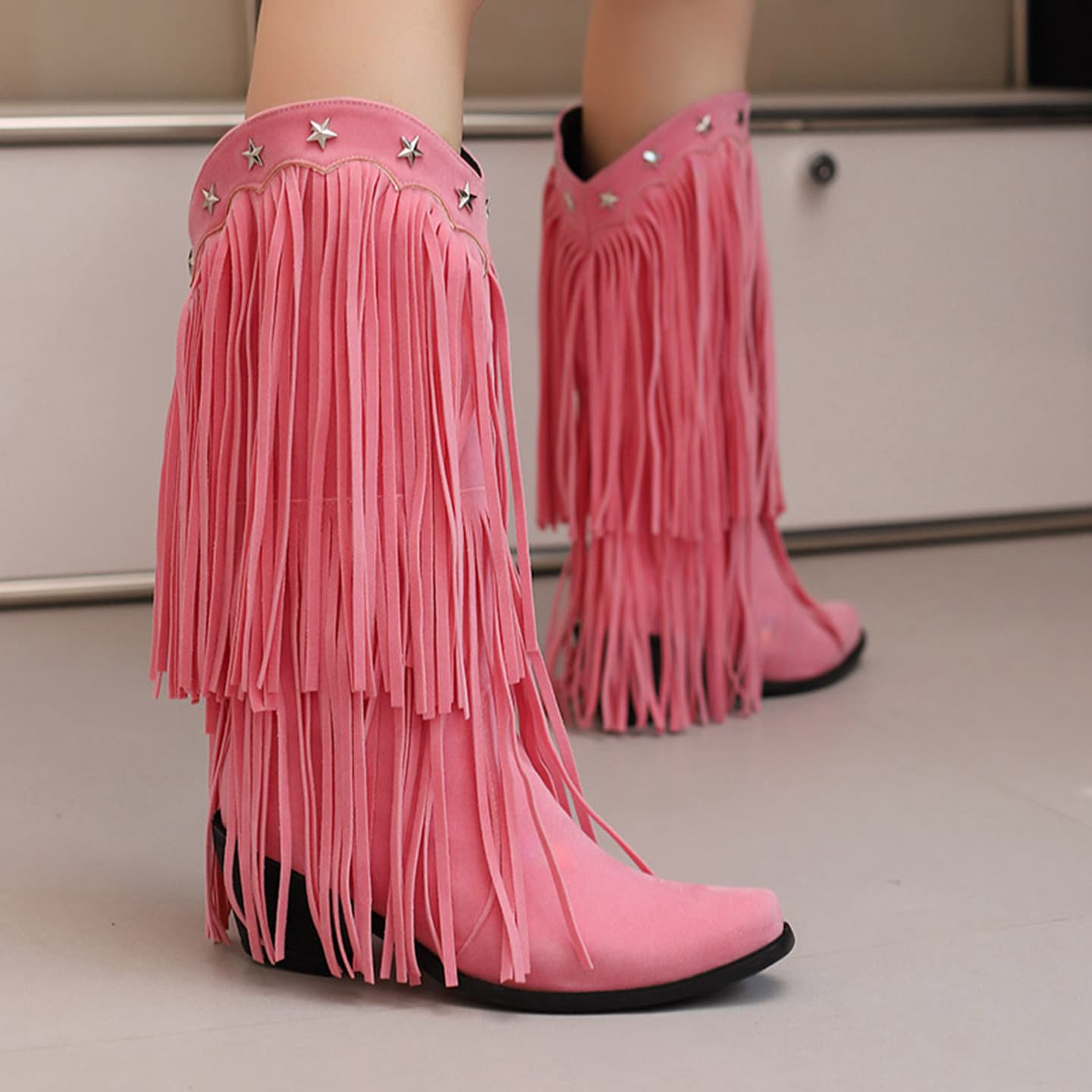 Size 32-48 V-Cut Fringe Boots for Women, Western Cowboy Boots, Round Toe Street Fashion Boots