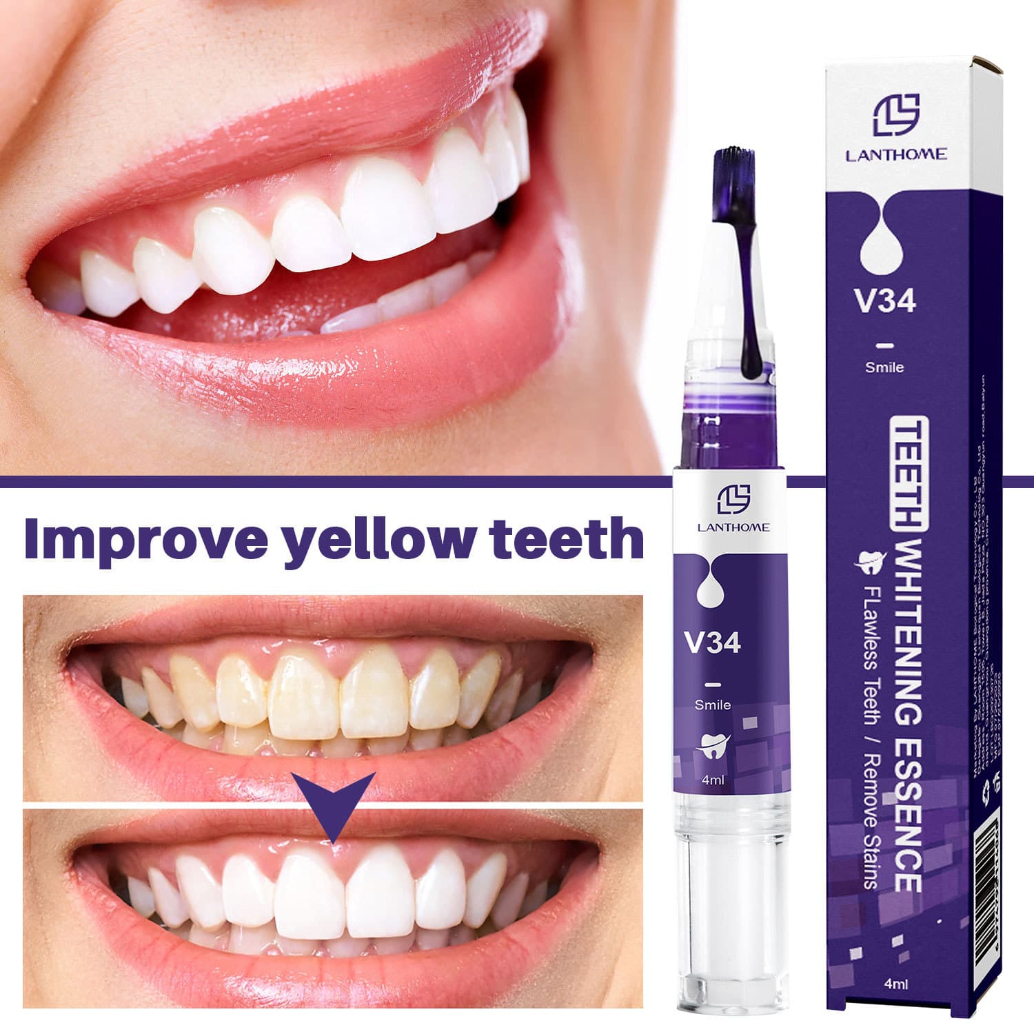 Cross-Border New Teeth Whitening Pen Yellow Removal V34 Whitening Pen Purple Gel Pen Stock