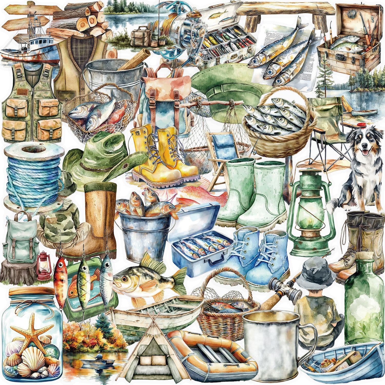 50 pieces of fishing-themed retro creative graffiti PET stickers DIY decorative notebook phone case computer stickers