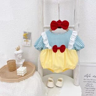 ins21 Summer Korean-style Baby Cute Princess Bow Short-sleeve Bodysuit Baby Diaper Coverall with Headband