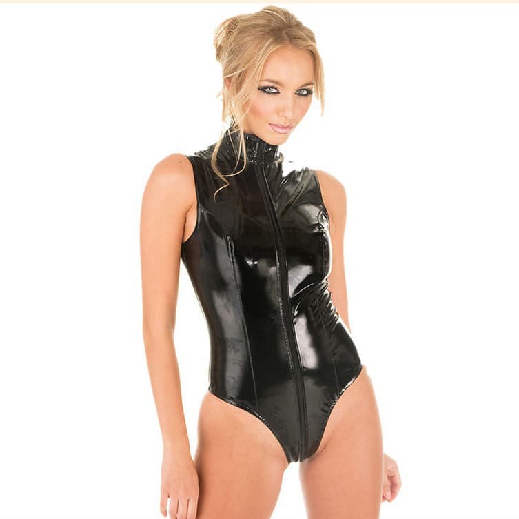 Glossy Patent Leather Slim-Fit European and American Game Uniform Size-Specific Black Leather Triangle Bodysuit Sexy Allure