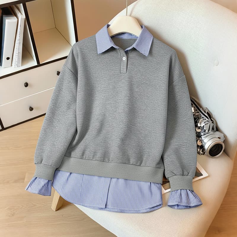 【Baifenzhiyi】TEMU Cross-border 2025 Autumn New Casual College Style Lapel Striped Faux Two-Piece Sweatshirt
