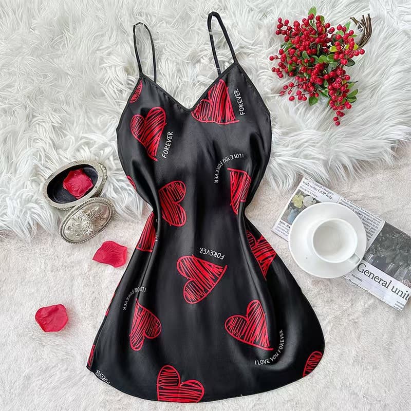 Cross-border European and American style women's summer cami nightgown with heart print, sexy sleepwear, silk-like backless design for women
