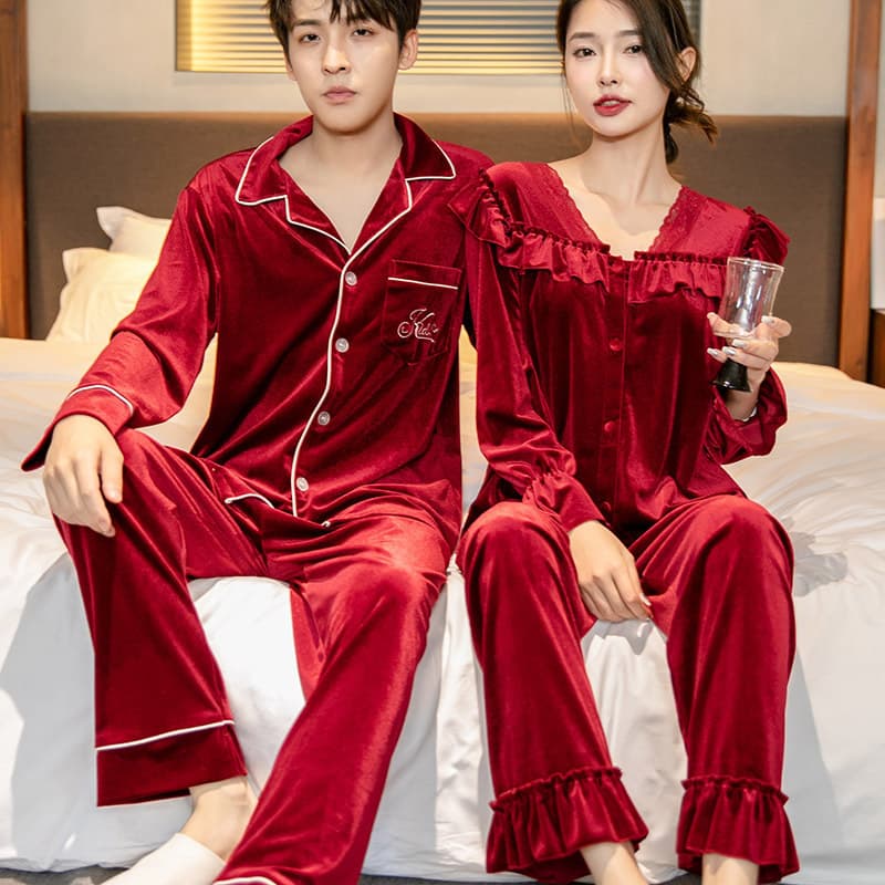 Wedding Couple Pajama Set Women's Autumn Winter Velvet Long Sleeve Red New Bride and Groom Homewear
