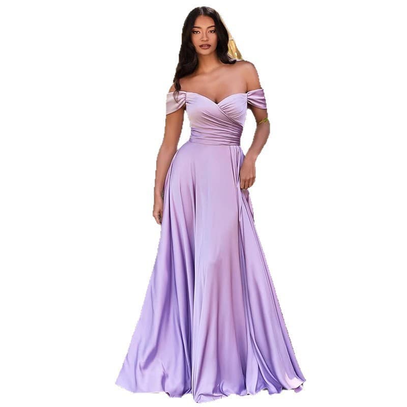 Off Shoulder Satin Bridesmaid Dress Wedding Long Pleated A-Line Corset Formal Prom Dress with Slit
