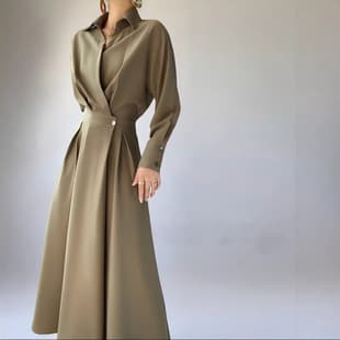 Pre-sale 2608 Spring Dress Plus Size Women Fat MM Belly Cover Long Dress Shirt Collar Elegant Long Sleeve Dress