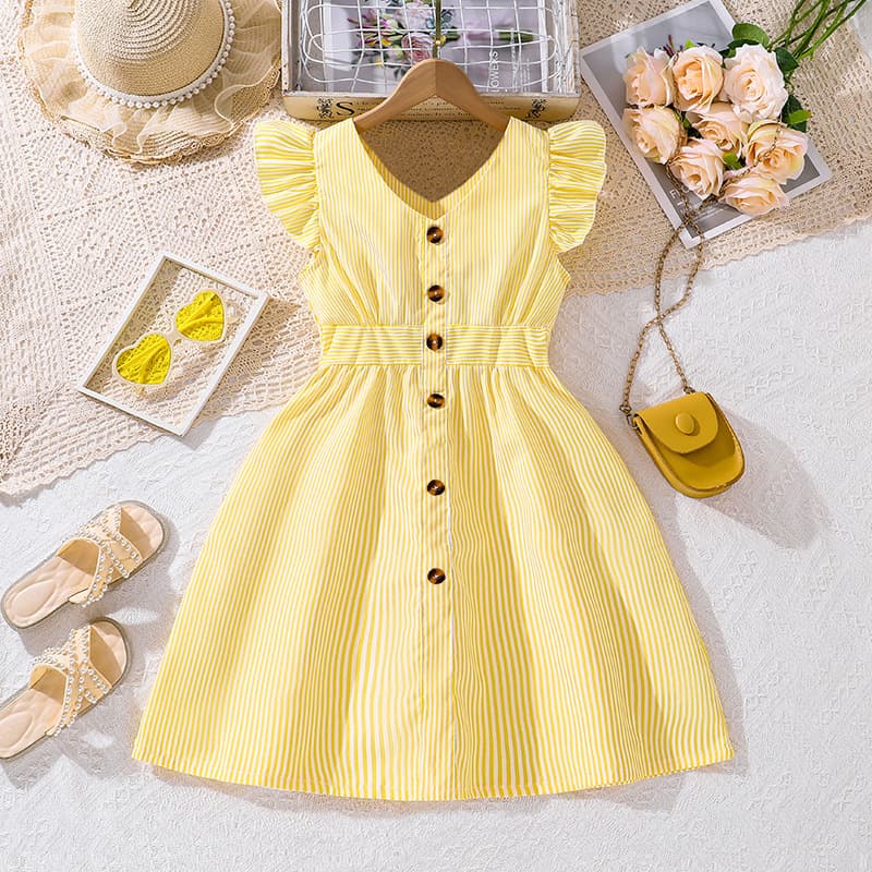 Girls Summer Dress New Children's Clothing Princess Style Striped Flutter Sleeve 3-14 Years Old Girl Dress Wholesale