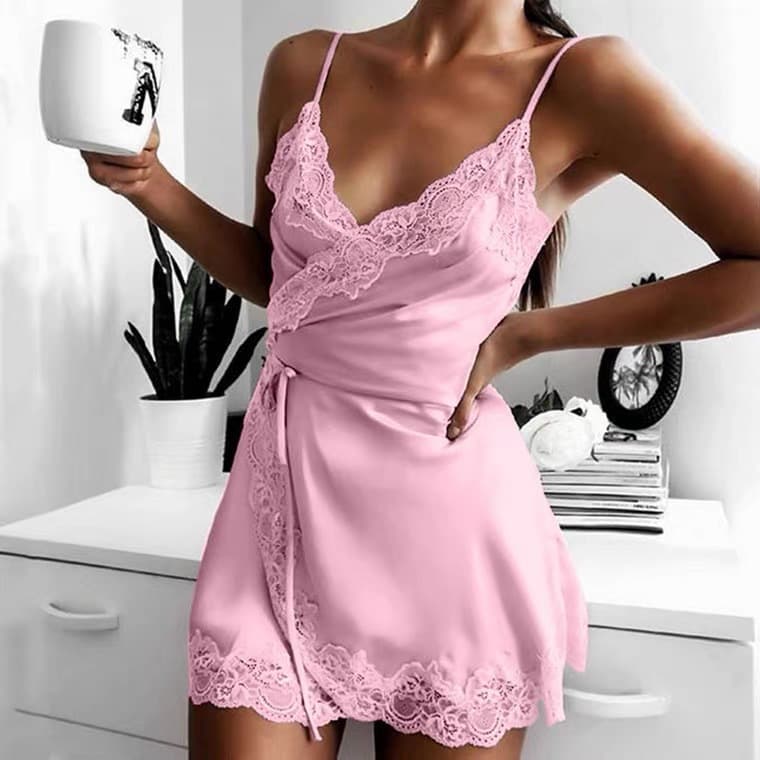 Women's Stretch Satin Nightgown with Lace Trim, Sleep Dress for Homewear, Lingerie Style, Cross-Border Sales for European and American Markets