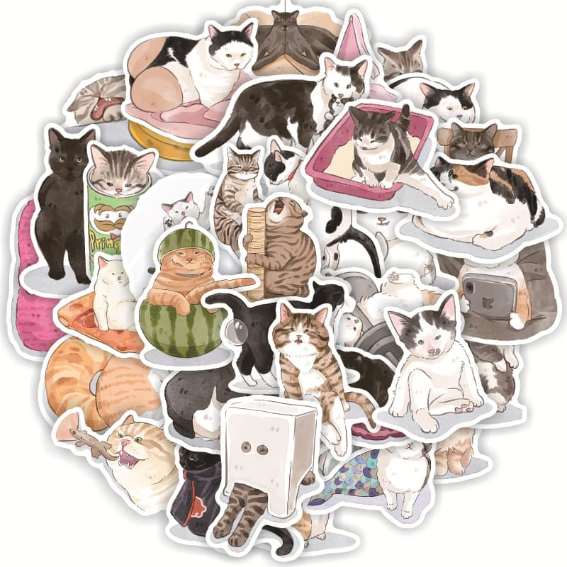 50 Sheets Non-Repeating Cute Cat Doodle Cartoon Animal Luggage Laptop Removable Waterproof Stickers