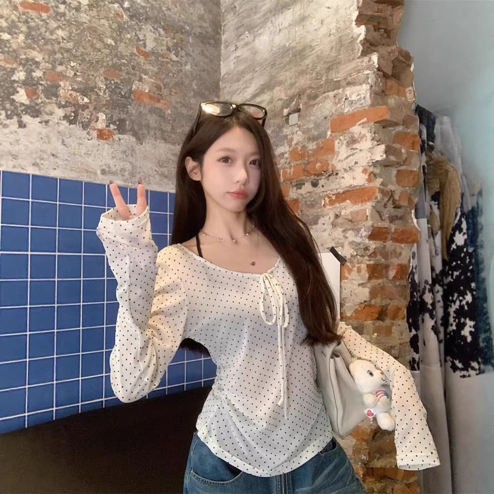 French Chic Polka Dot Tie V-Neck Long Sleeve T-Shirt Slim Fit Stunning Top