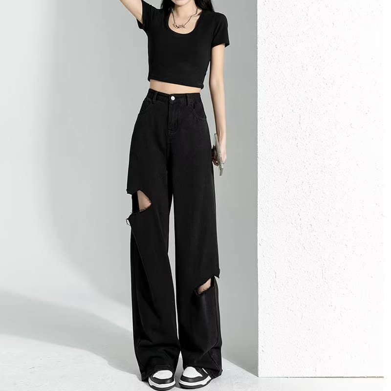 Black Distressed Denim Women's High-Street Straight-Leg Beggar Style Summer Thin Loose Draping High-Waist Wide-Leg Floor-Length Pants Trendy