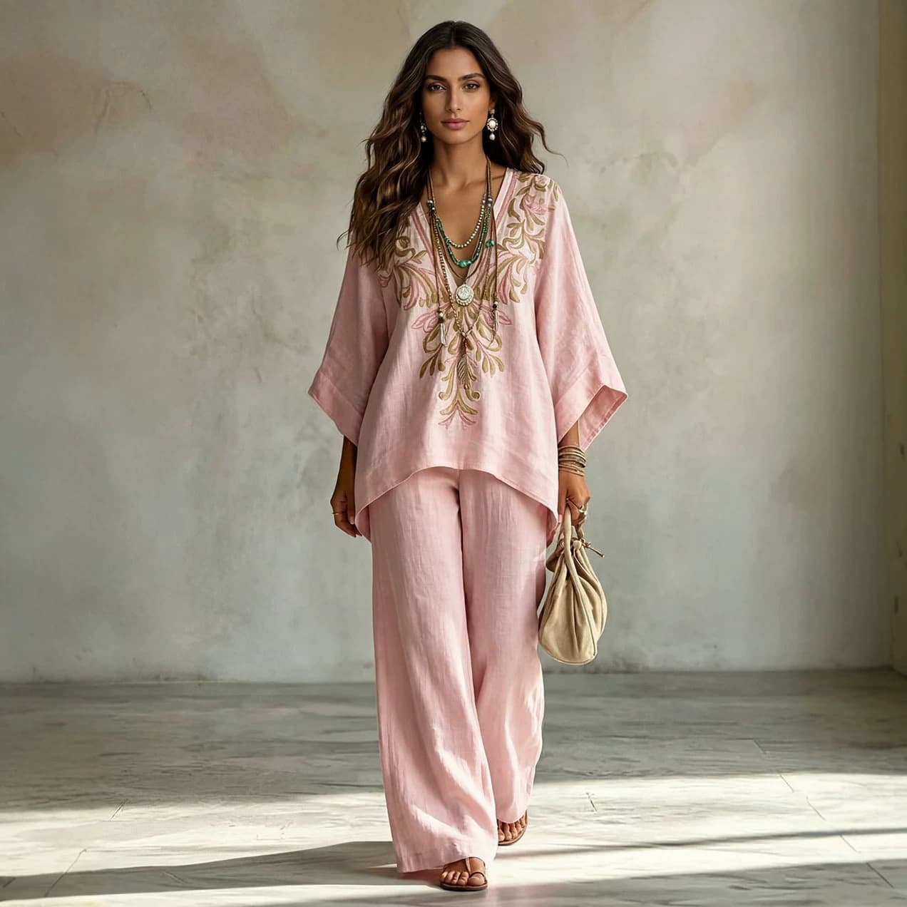 2026 European and American Spring New Amazon Printed Temperament Round Neck Tops Wide Leg Pants Casual Loose Two-piece Set