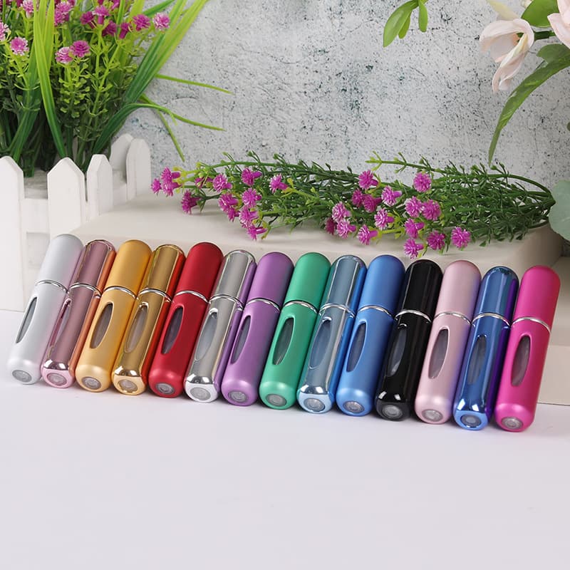 5ml perfume decanter bottle, bottom-filled, round-head mini press spray, travel-friendly, self-pump, logo.