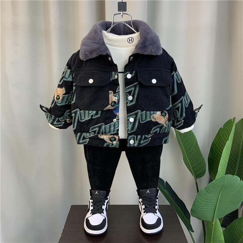 Boys Korean Style Fleece-Lined Jacket with Bear Print Grey Fabric Top, Orange Baby Kids Clothing