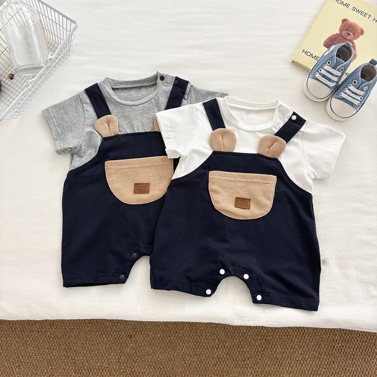 Korean style baby bag fart clothes for boys summer new cute big pocket fake two-piece outing clothes baby short-sleeved crawl clothes