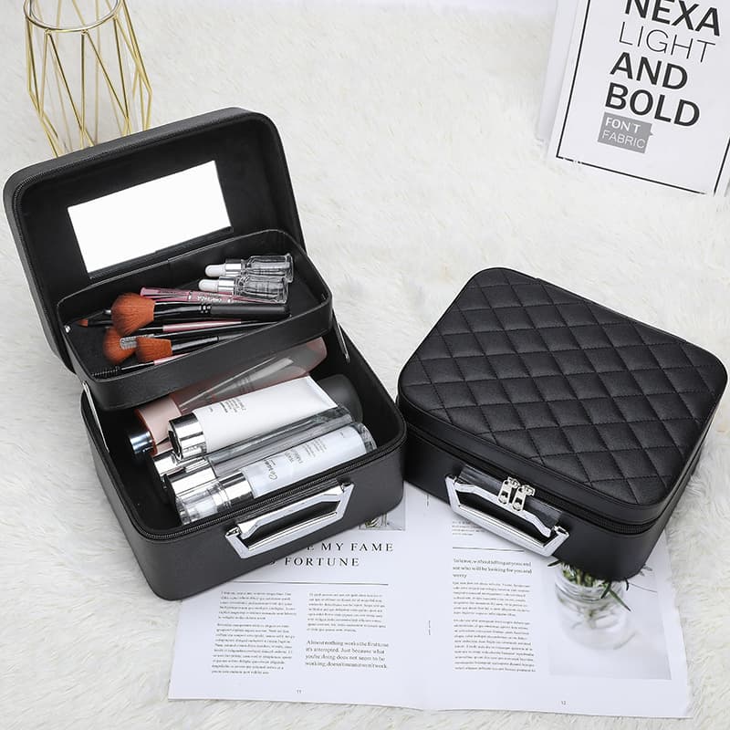 Large Capacity Double Layer Cosmetic Bag with Mirror, High-End Cosmetic Storage Bag, Storage Box, Portable Cosmetic Case