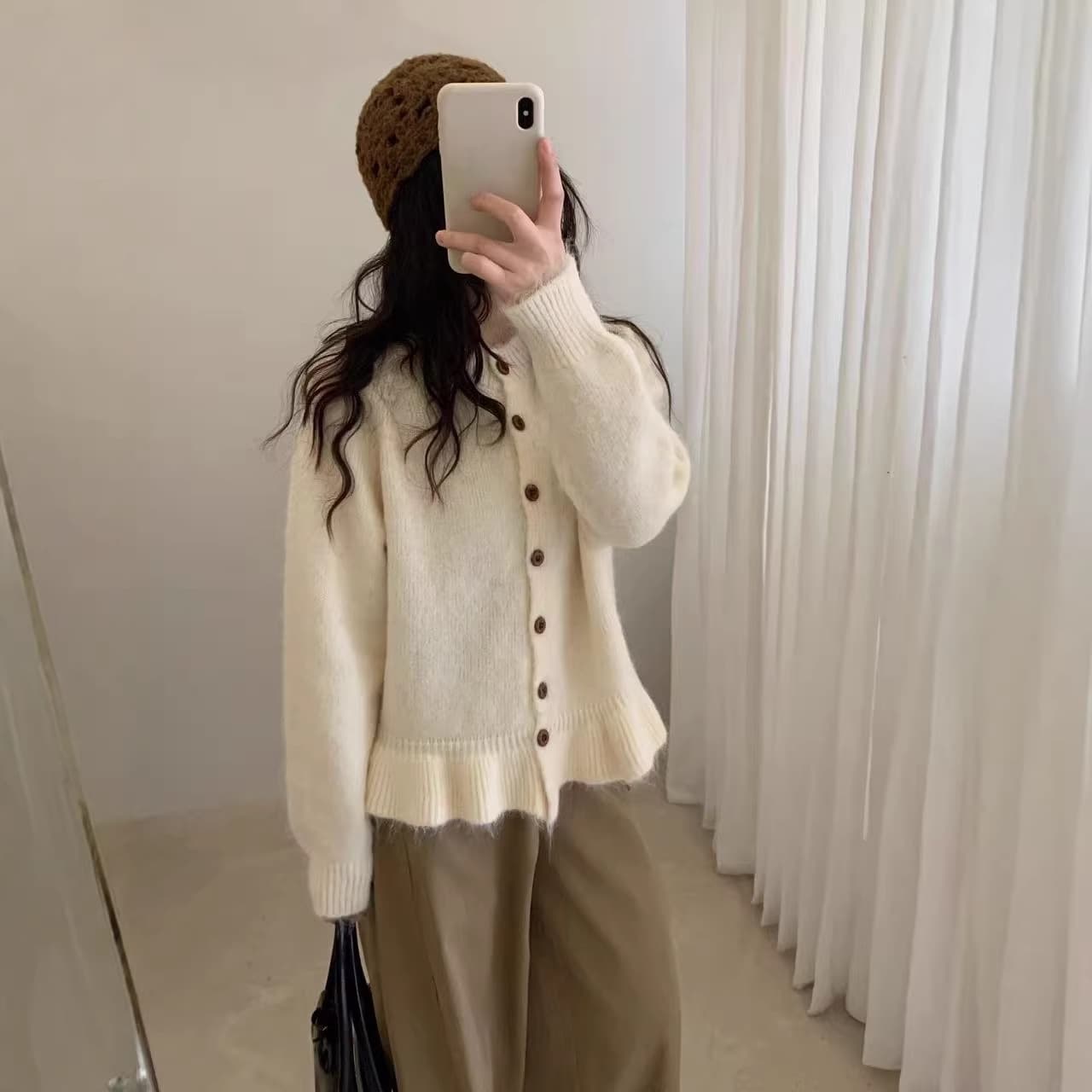 Gentle and sweet style fungus hem round neck knitted cardigan early autumn new style single breasted sweater knitted cardigan