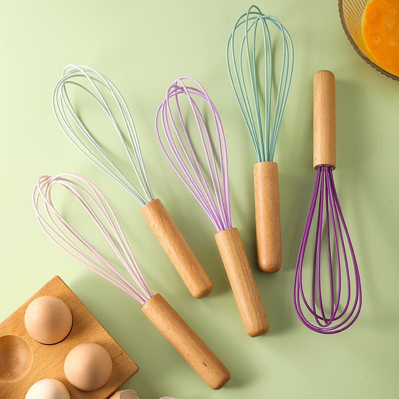 Colorful Wooden Handle Silicone Egg Beater Manual Liquid Mixing Stick Cream Whisk Kitchen Home Use Tool