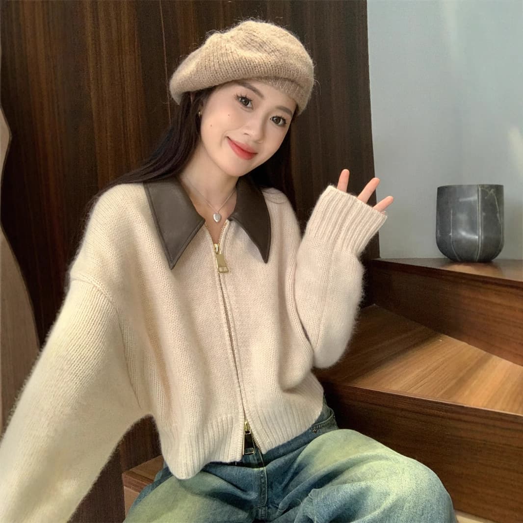 European imitation leather POLO collar spliced double-ended zipper lazy style sweater women's raccoon velvet knitted cardigan jacket