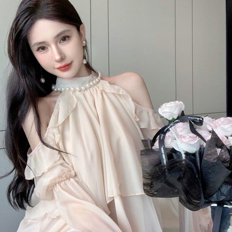 Stand collar chiffon shirt women's summer personalized loose off-shoulder top French apricot long-sleeved sun protection shirt halter neck off-shoulder