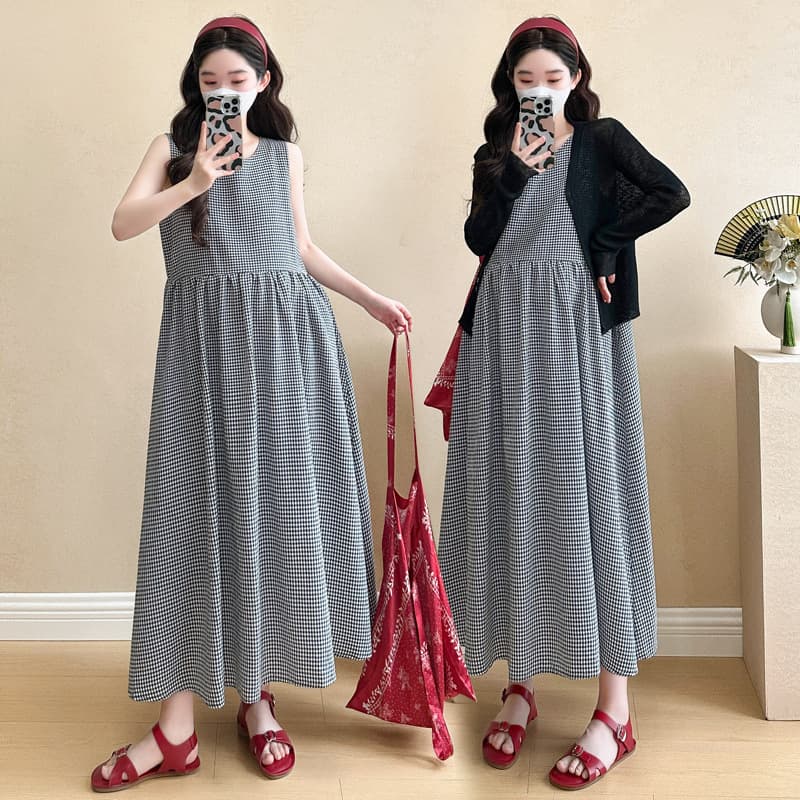 New Spring Korean Style Maternity Dress Cotton Plaid Maternity Vest Dress + Sun Protection Jacket Two-Piece Set