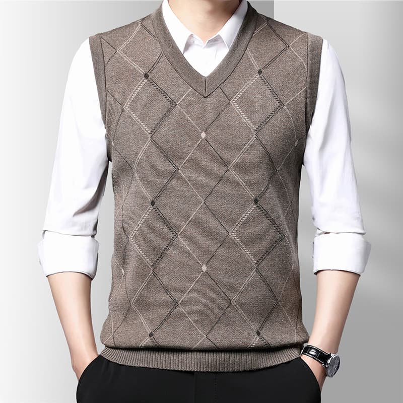 Autumn/Winter Knit Vest, Men's V-Neck Business Style Sleeveless Jacquard Fitted Sweater Wholesale