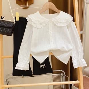 [Pink House] New Girls Korean Style Lace Peter Pan Collar Shirt, Baby White Cardigan Long Sleeve Top
