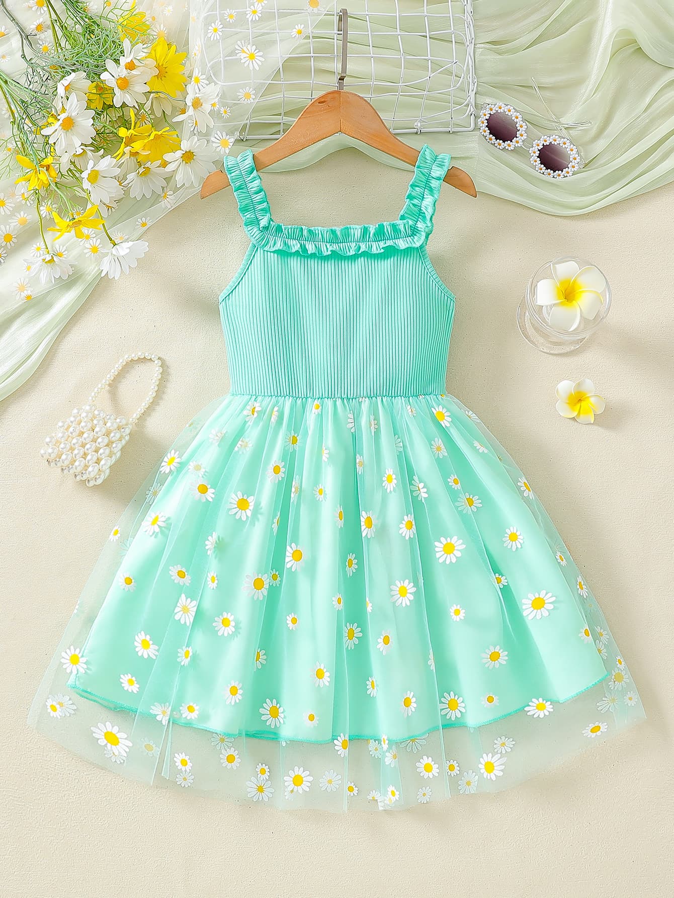 Girls Daisy Strap Mesh Princess Dress 2026 Summer New Children Fresh Mint Green Birthday Gown