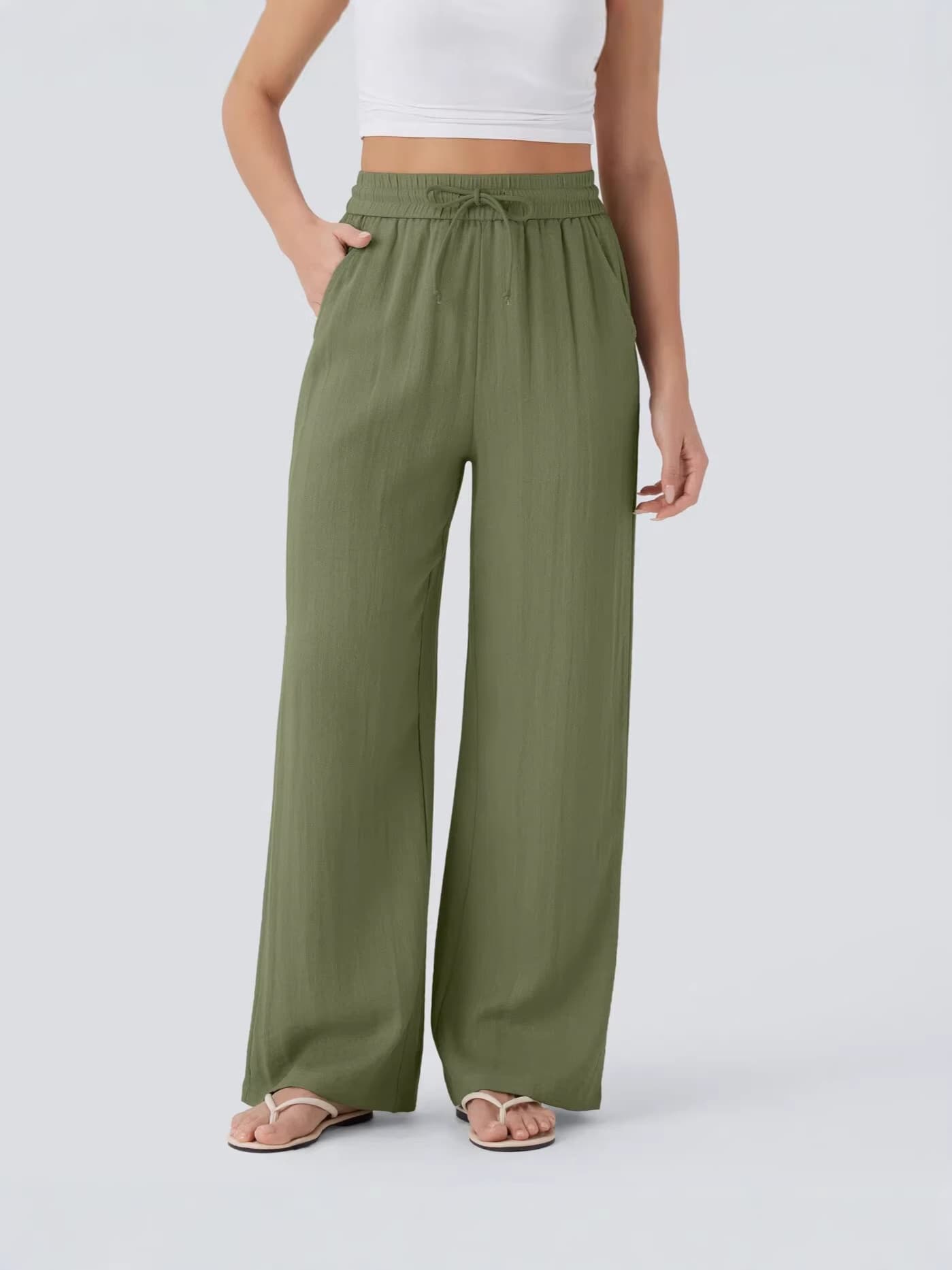 2026 Amazon High Waist Drawstring Side Pockets Wide Leg Casual Linen Pants Wide Leg Pants Flowing Wide Leg Beach Pants Elastic