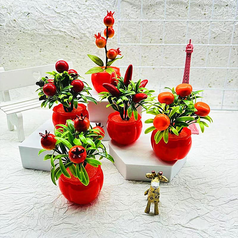New Style Simulation Potted Fake Flower, Persimmon Pot with Mini Fruit Bonsai, Lucky Fruit Home Desktop Decor