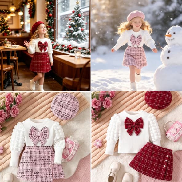 2026 Girls' Little Fragrance Set Autumn Winter Bubble Sleeve Knit Top Tweed Short Skirt Beret 3-Piece Set