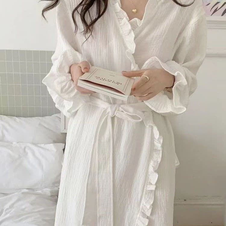 Bathrobe, Pajamas, Home Clothes, Korean Style Simple and Sweet Ruffled Mid-Length Nightgown, New Style for Spring, Autumn and Winter 2023