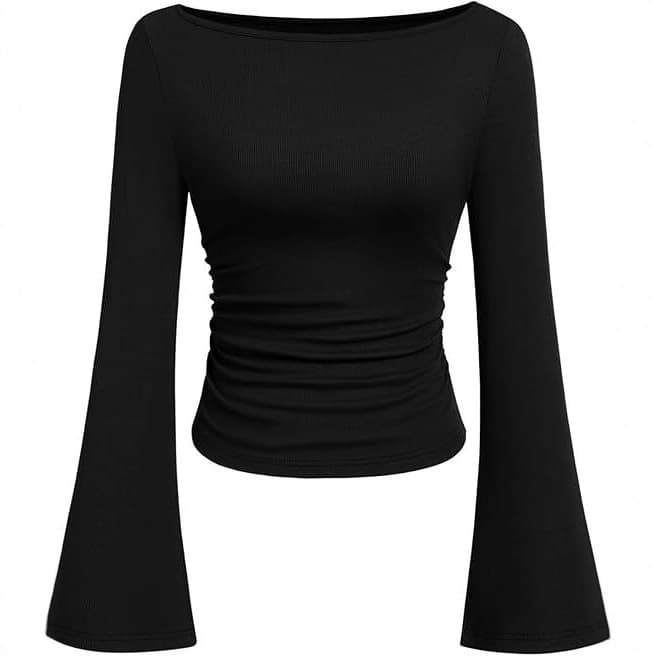 American Retro Y2K Solid Color Boat Neck Flared Sleeve T-Shirt for Women 2026 Autumn Slim Fit Pleated Long Sleeve Top