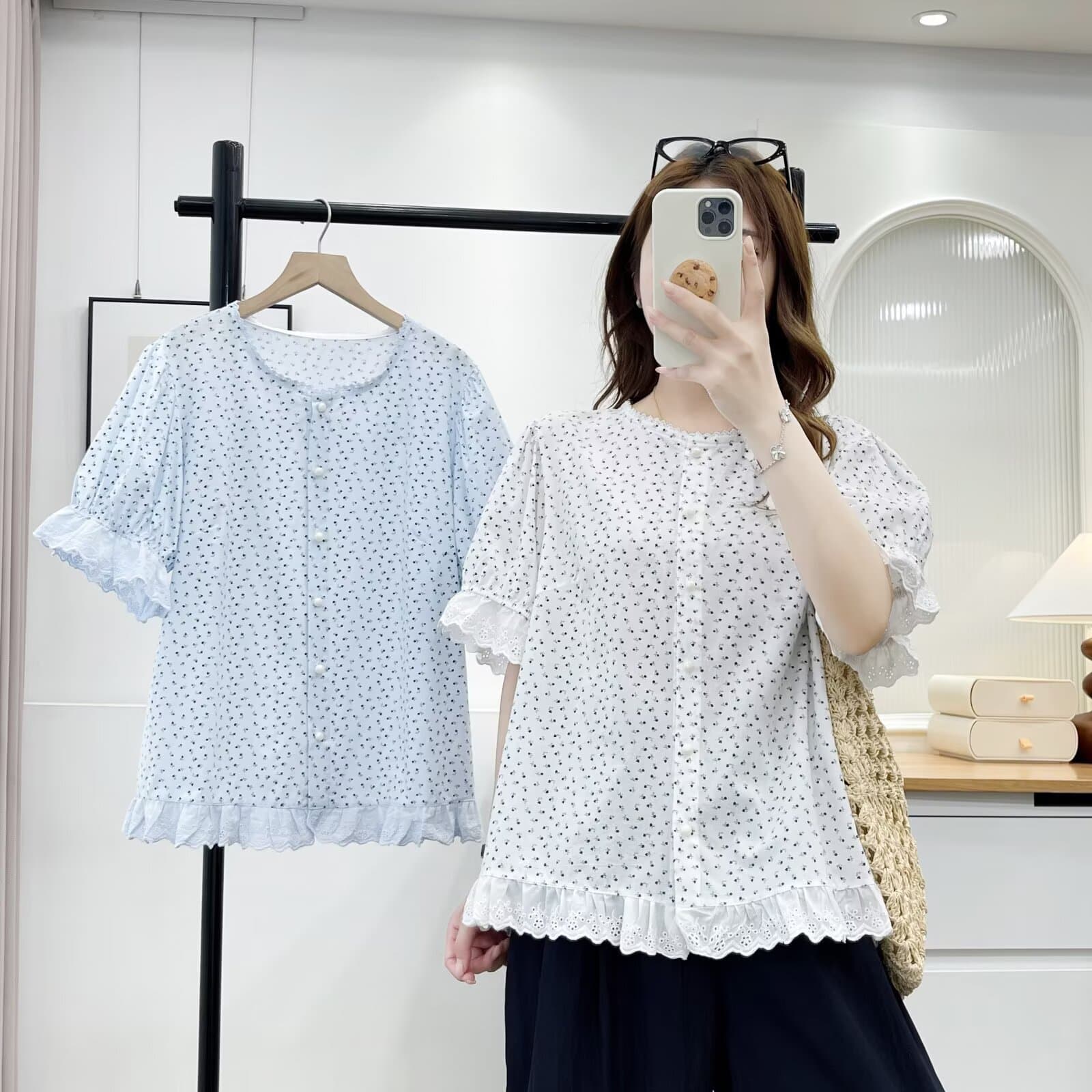 2026 Summer Single Large Size Floral Shirt Short Sleeve Shirt Women's Top Versatile Cotton Shirt Fat Girl Shirt Temperament 072